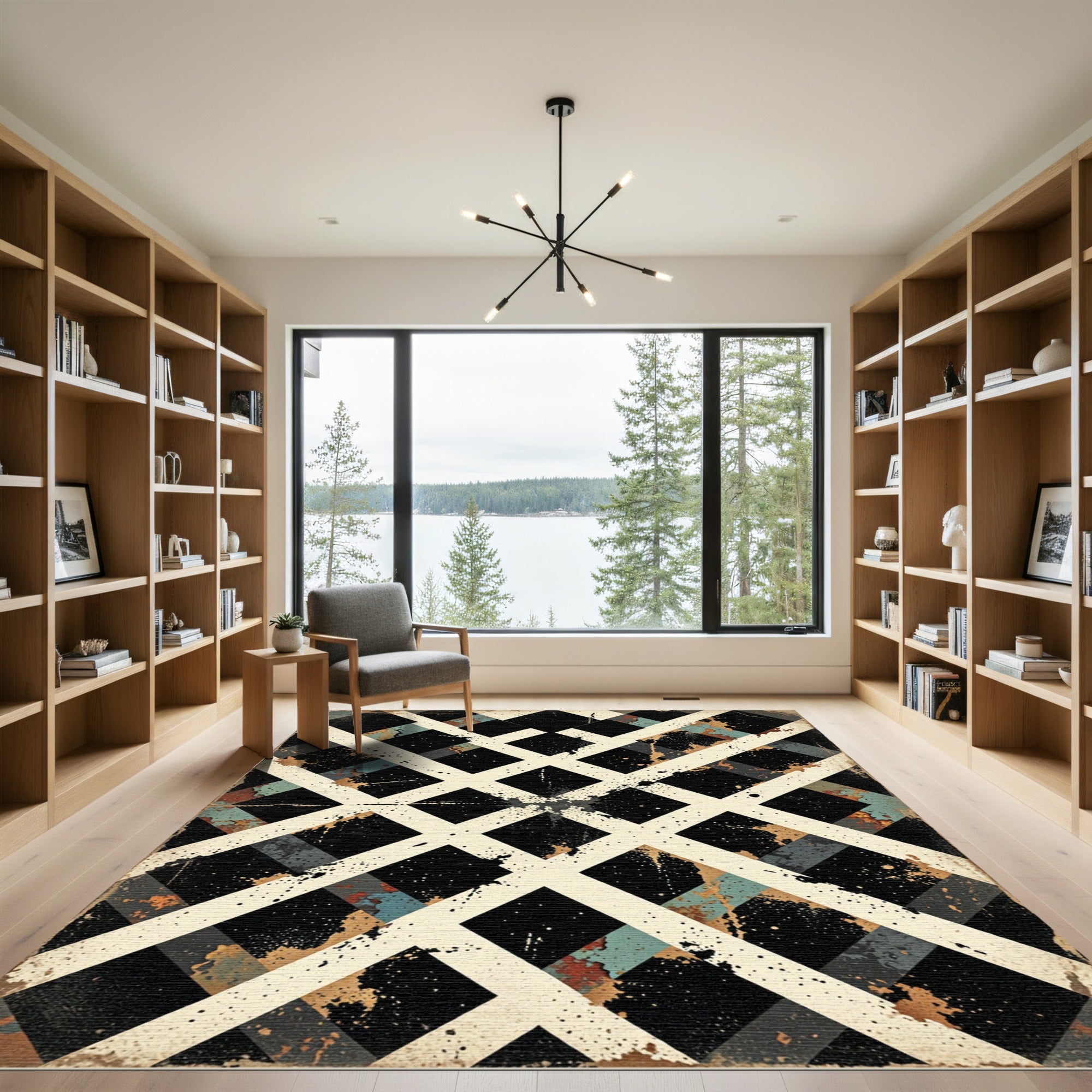 Distressed White Lattice Black Squares Rug