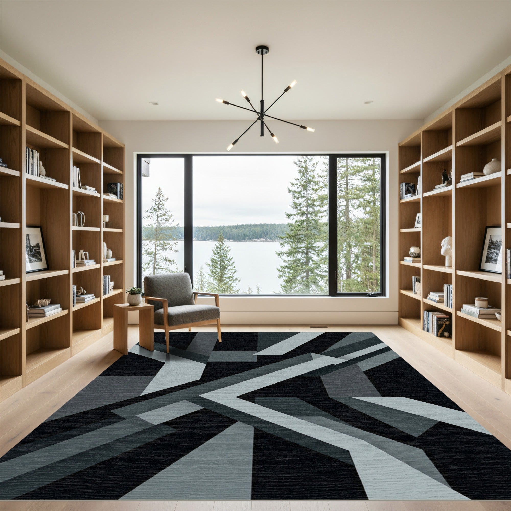 Monochrome Abstract Geometric Intersecting Lines Rug