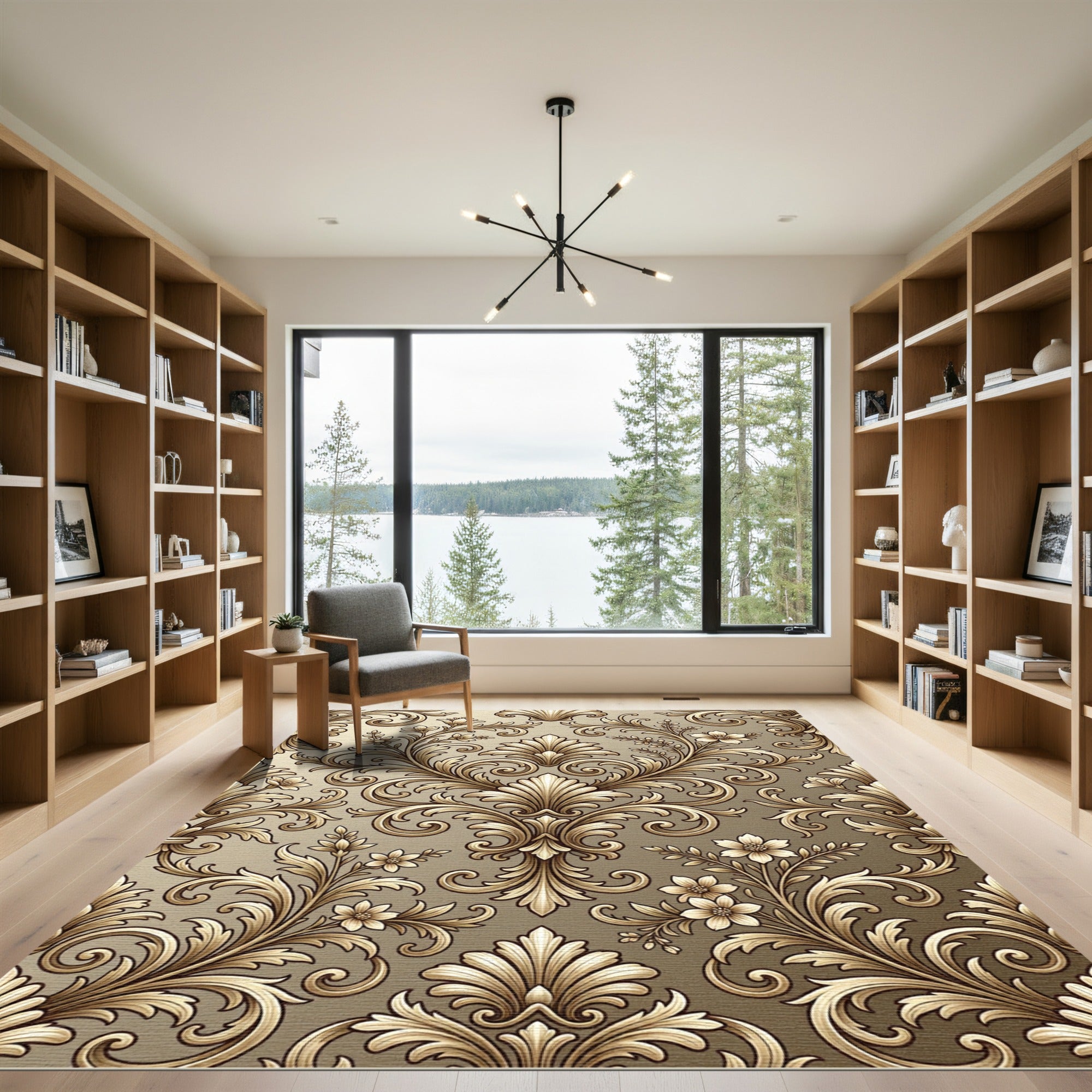 Golden Baroque Floral Swirl Rug