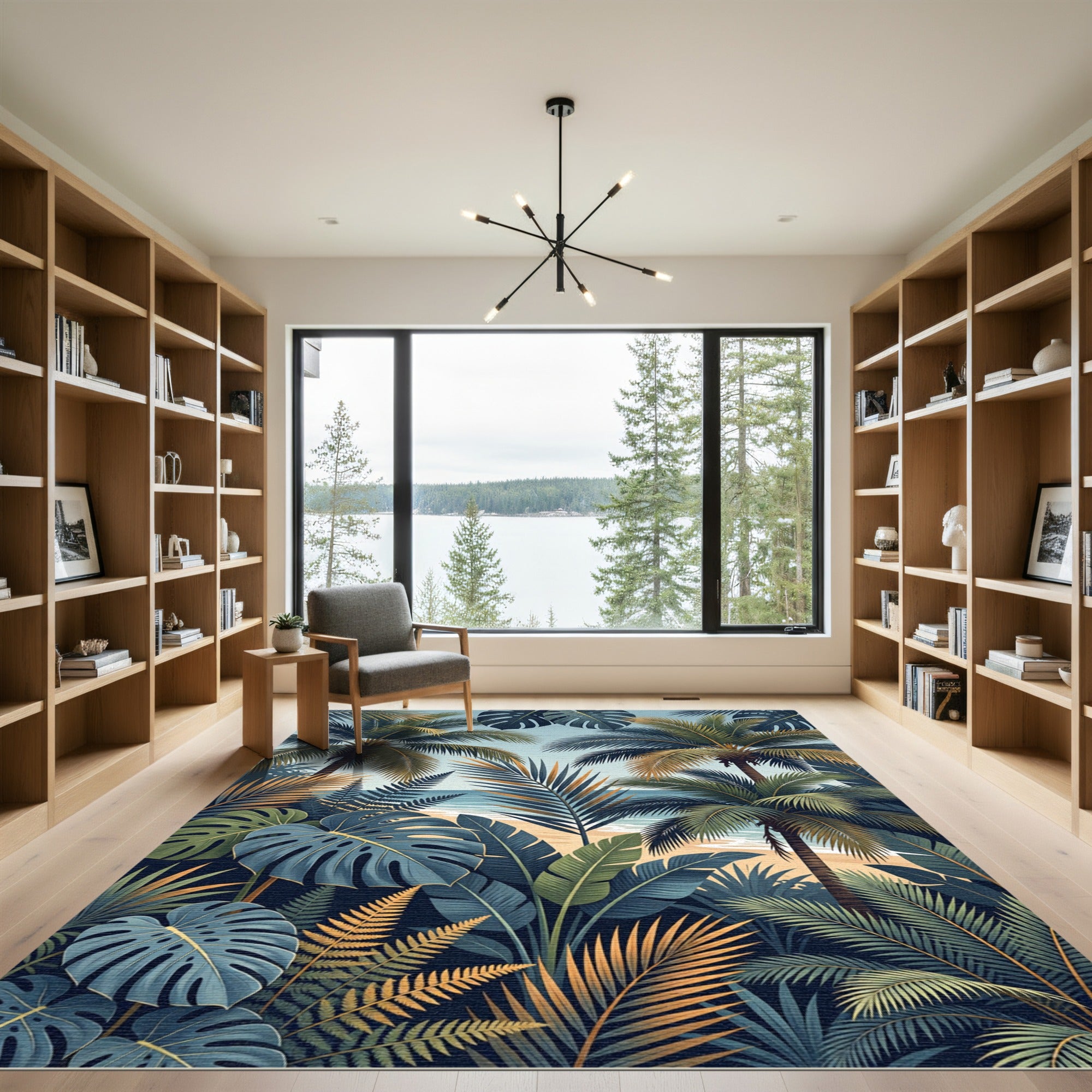 Lush Tropical Palm Leaf Beach Scene Rug