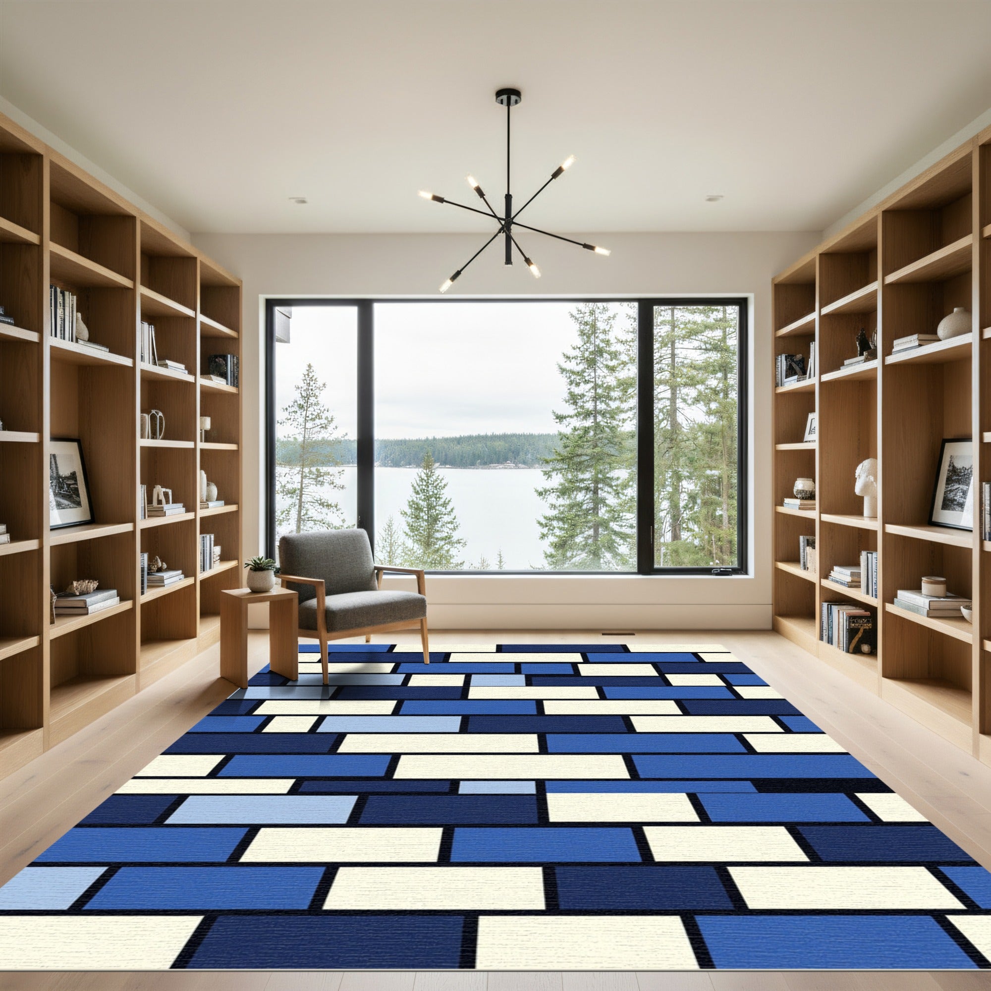 Modern Blue and Cream Geometric Grid Rug