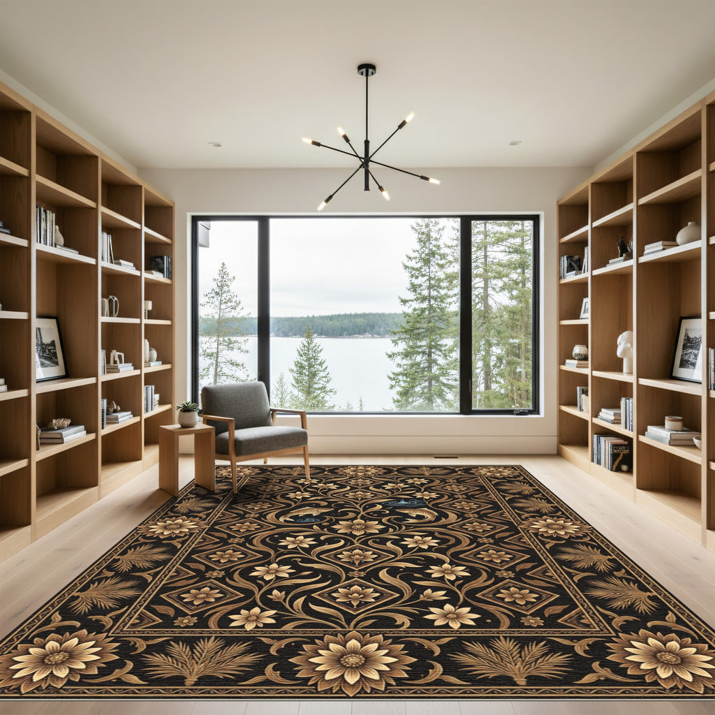 Golden Floral Fish Black Rug
