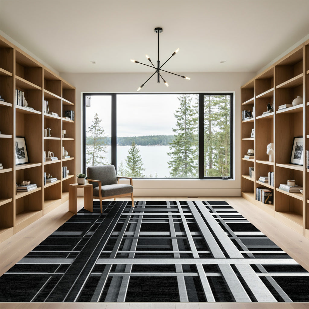 Sophisticated Monochrome Geometric Linear Grid Rug