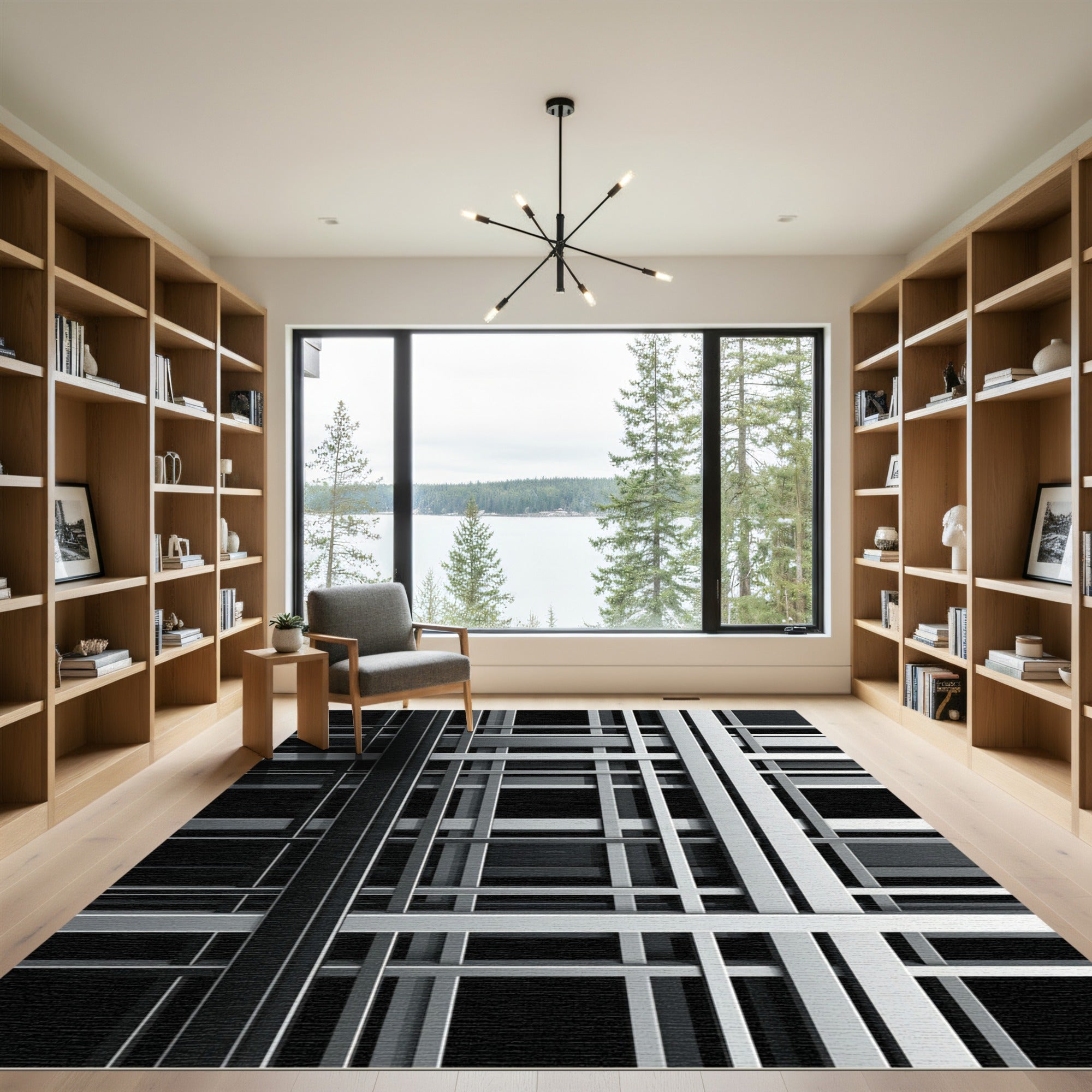 Sophisticated Monochrome Geometric Linear Grid Rug