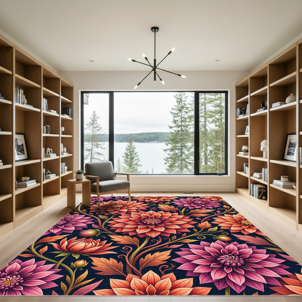 Vibrant Coral Dahlia Botanical Bloom Rug