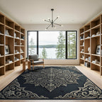 Ornate Silver Floral Medallion Charcoal Backdrop Rug