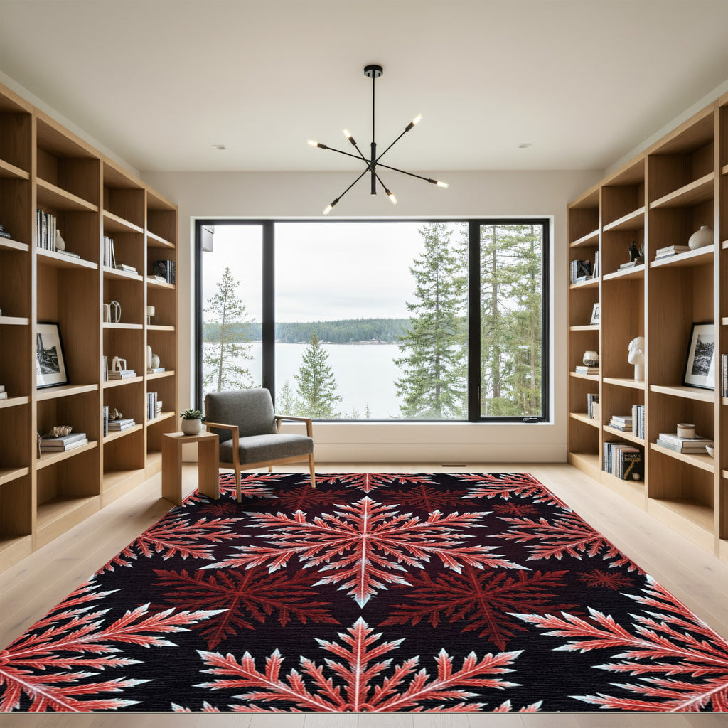 Crimson Red Snow Flake Pattern Rug
