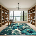 Tropical Teal Hibiscus Leaf Pattern Rug