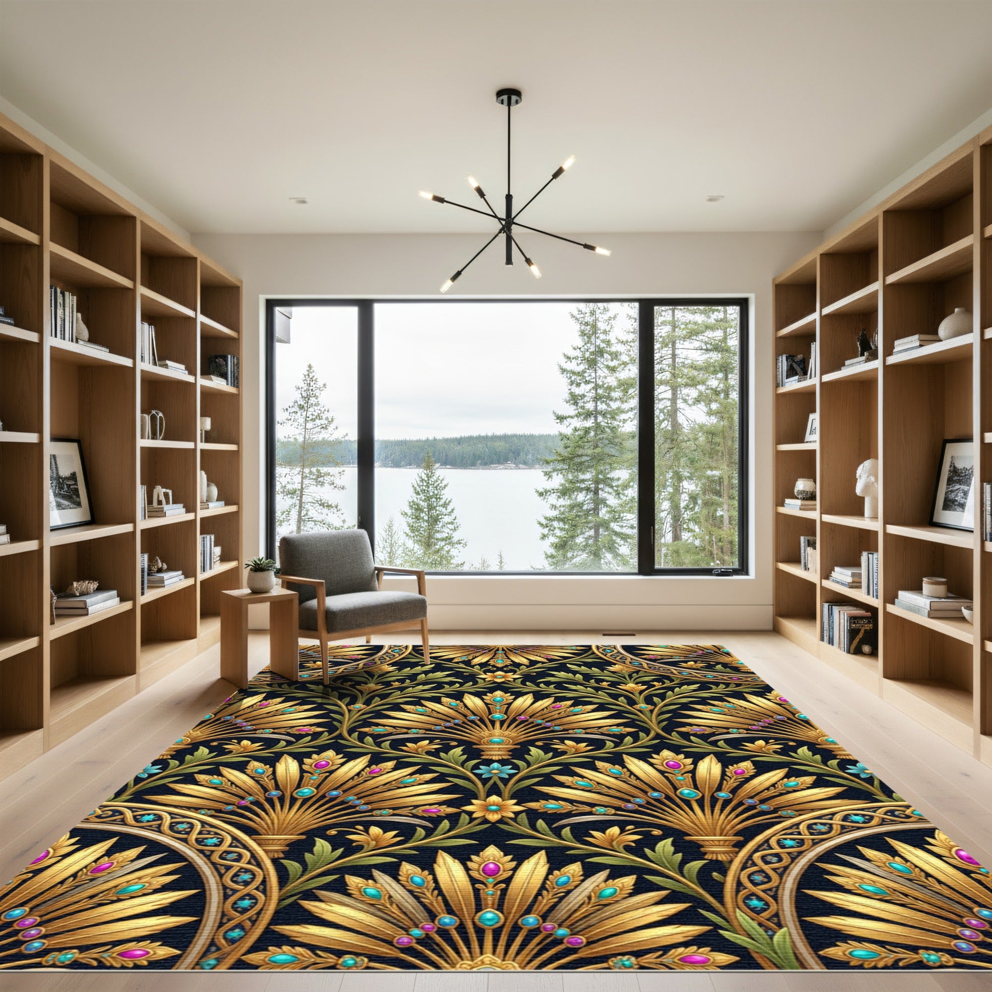 Elegant Gold Peacock Fan Jewel Tapestry Rug