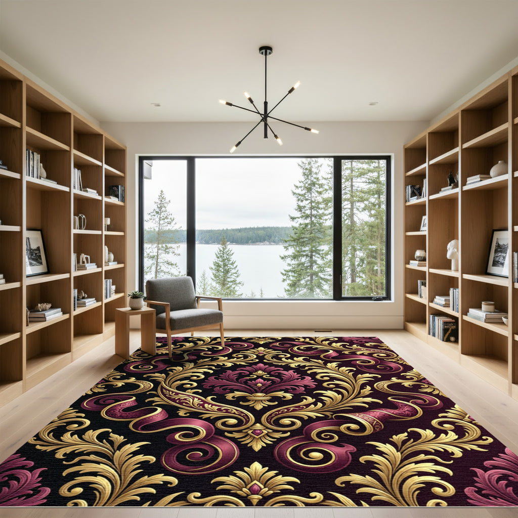 Royal Burgundy Gold Damask Scroll Rug