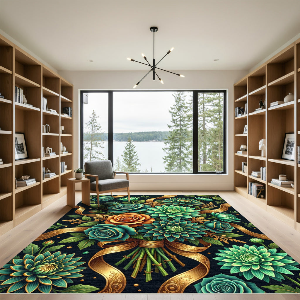 Teal Rose and Green Chrysanthemum Bouquet Rug