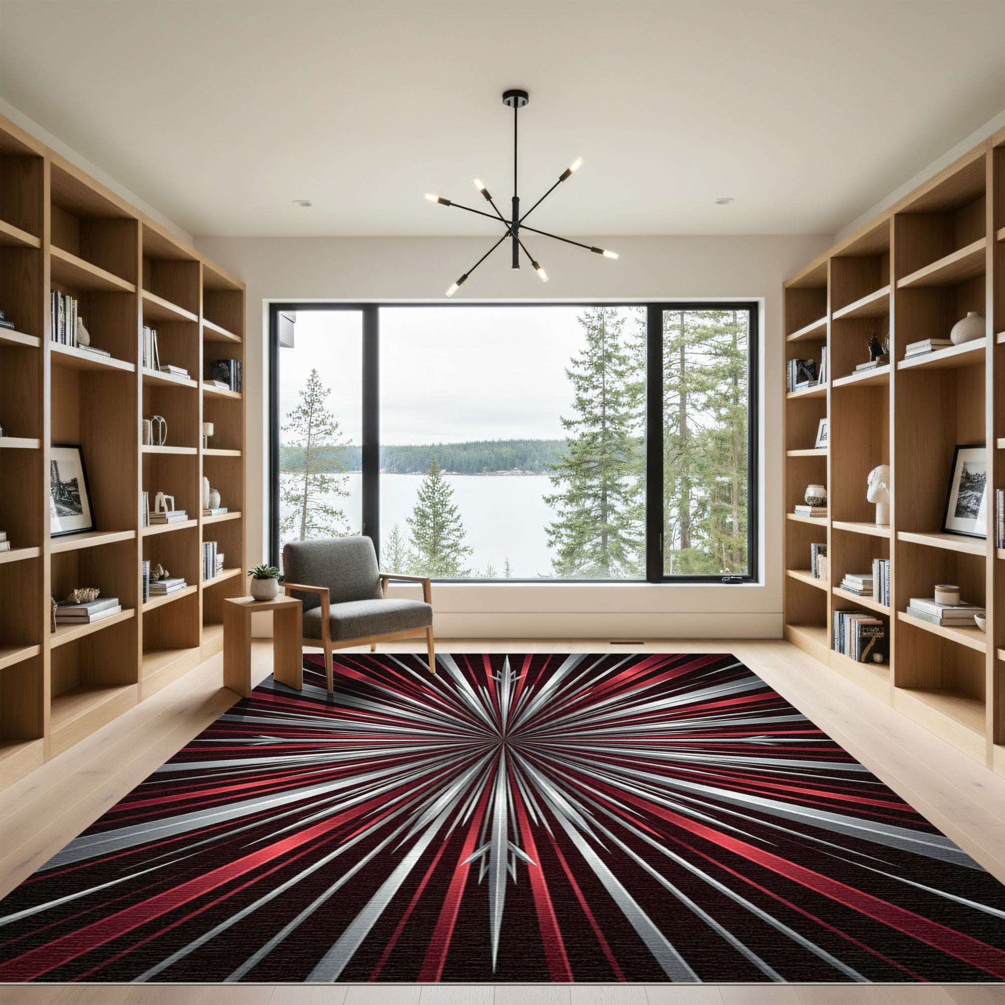 Red Silver Radial Burst Rug