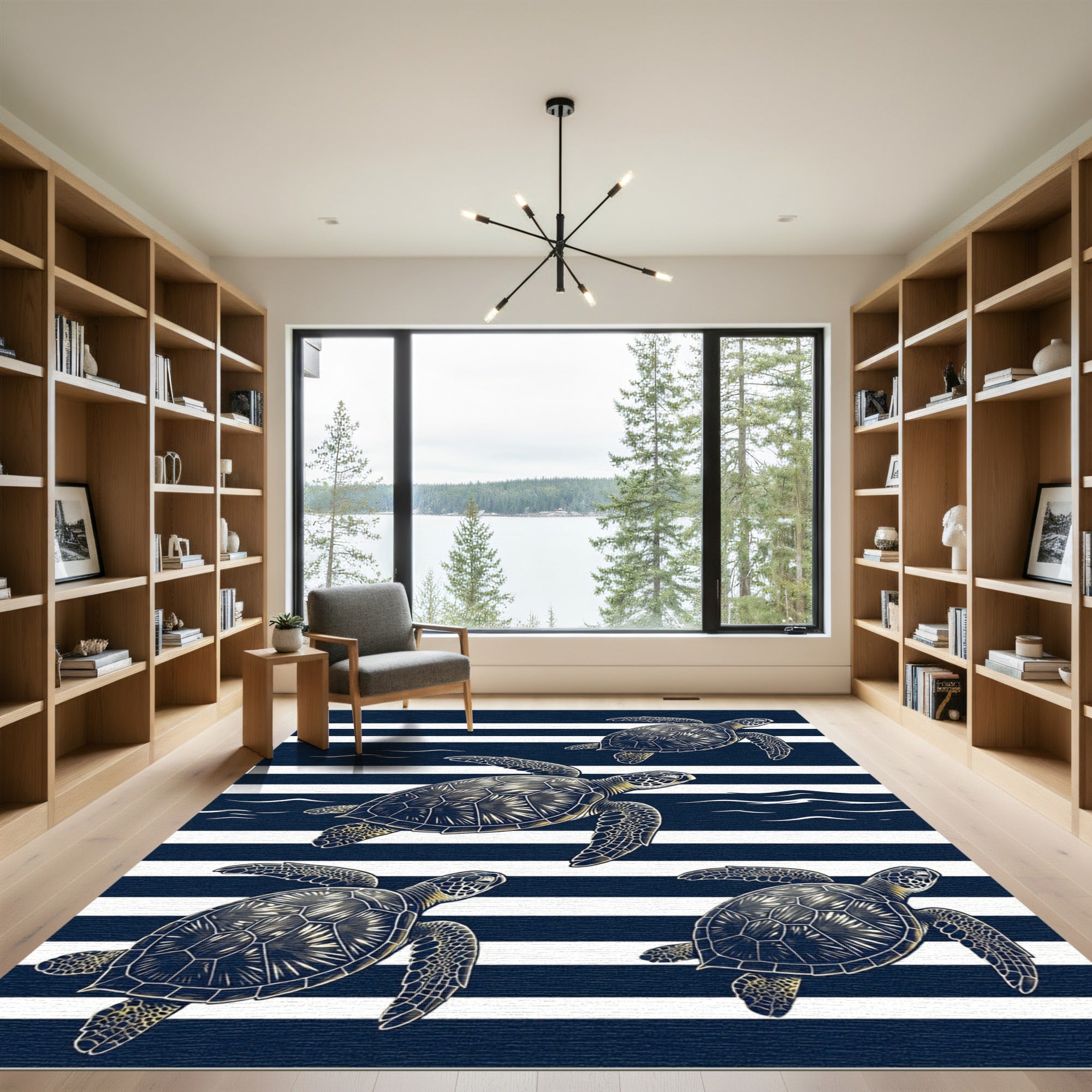 Navy Blue Striped Sea Turtle Art Rug