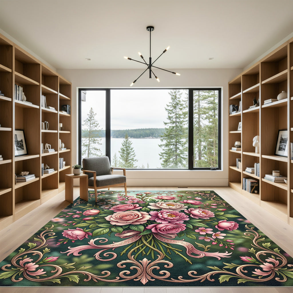 Elegant Pink Rose Floral Vintage Bouquet Rug