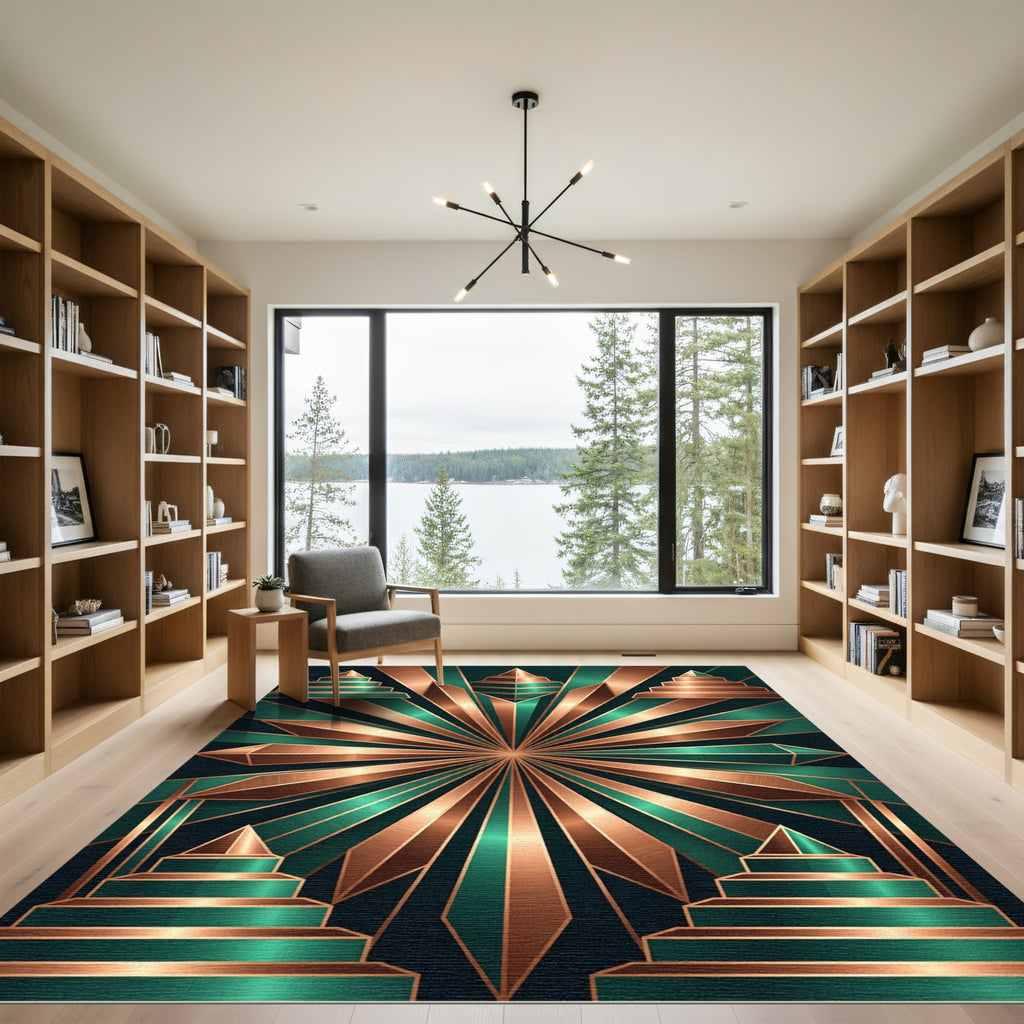 Art Deco Metallic Copper Emerald Sunburst Rug