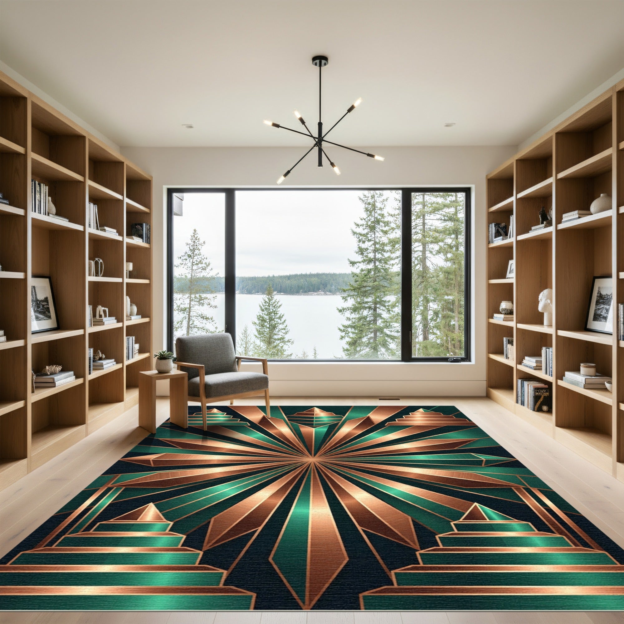Art Deco Metallic Copper Emerald Sunburst Rug