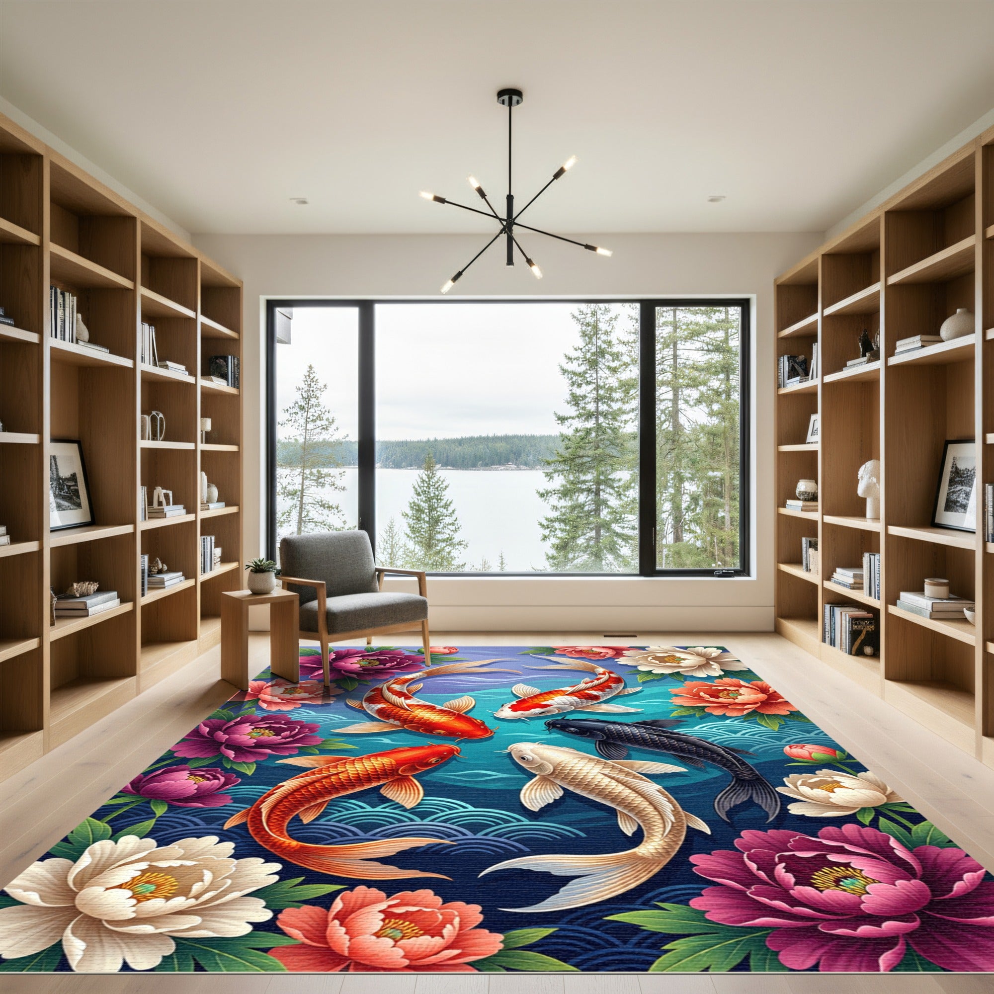 Vibrant Koi Fish Peony Garden Art Rug