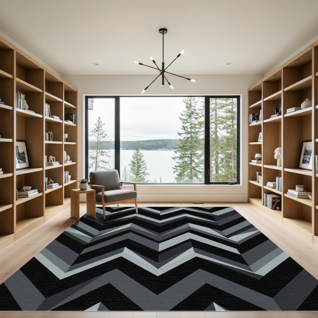 Modern Geometric Gray Black Chevron Rug