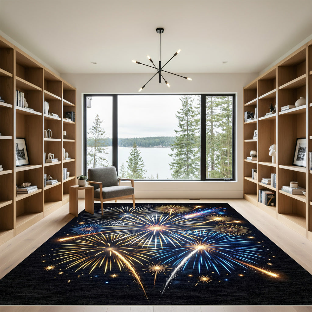 Radiant Gold and Blue Fireworks Burst Rug