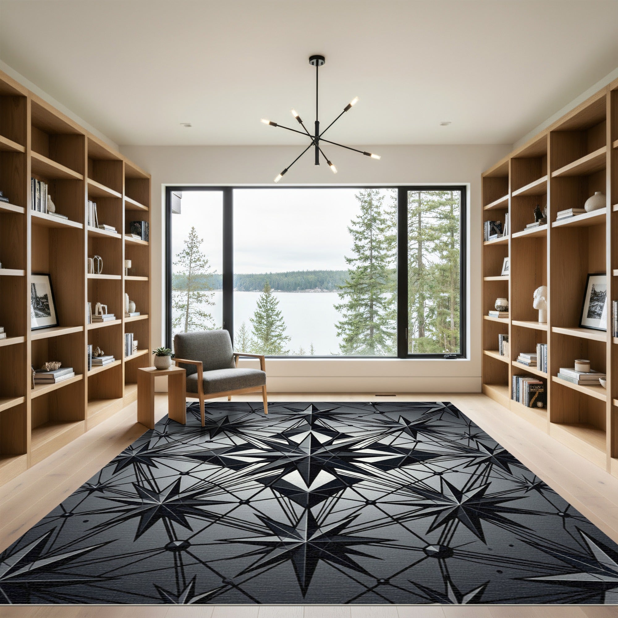 Monochrome Geometric Celestial Star Grid Rug
