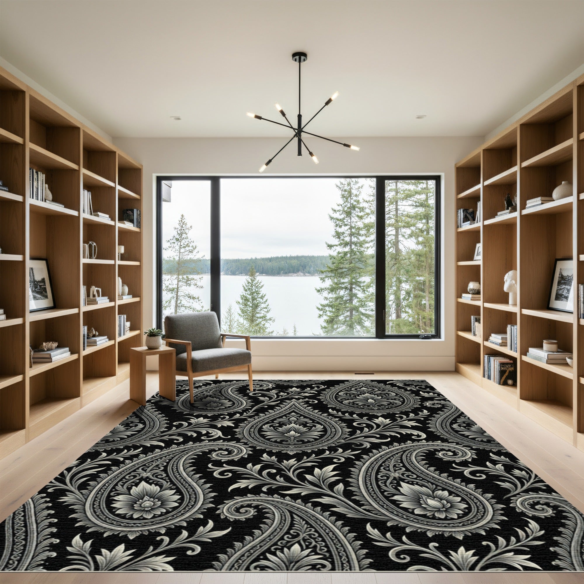 Black Silver Paisley Floral Scroll Rug