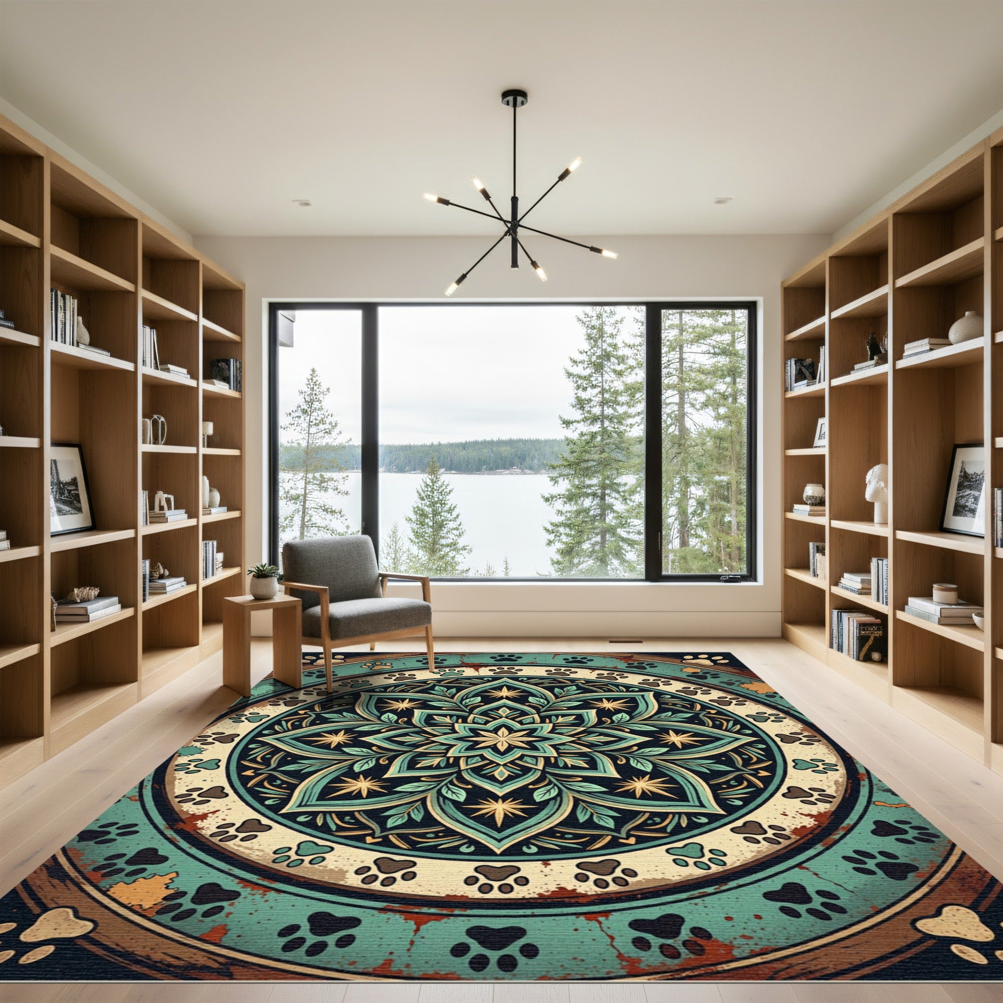 Earthy Teal Floral Paw Mandala Rug