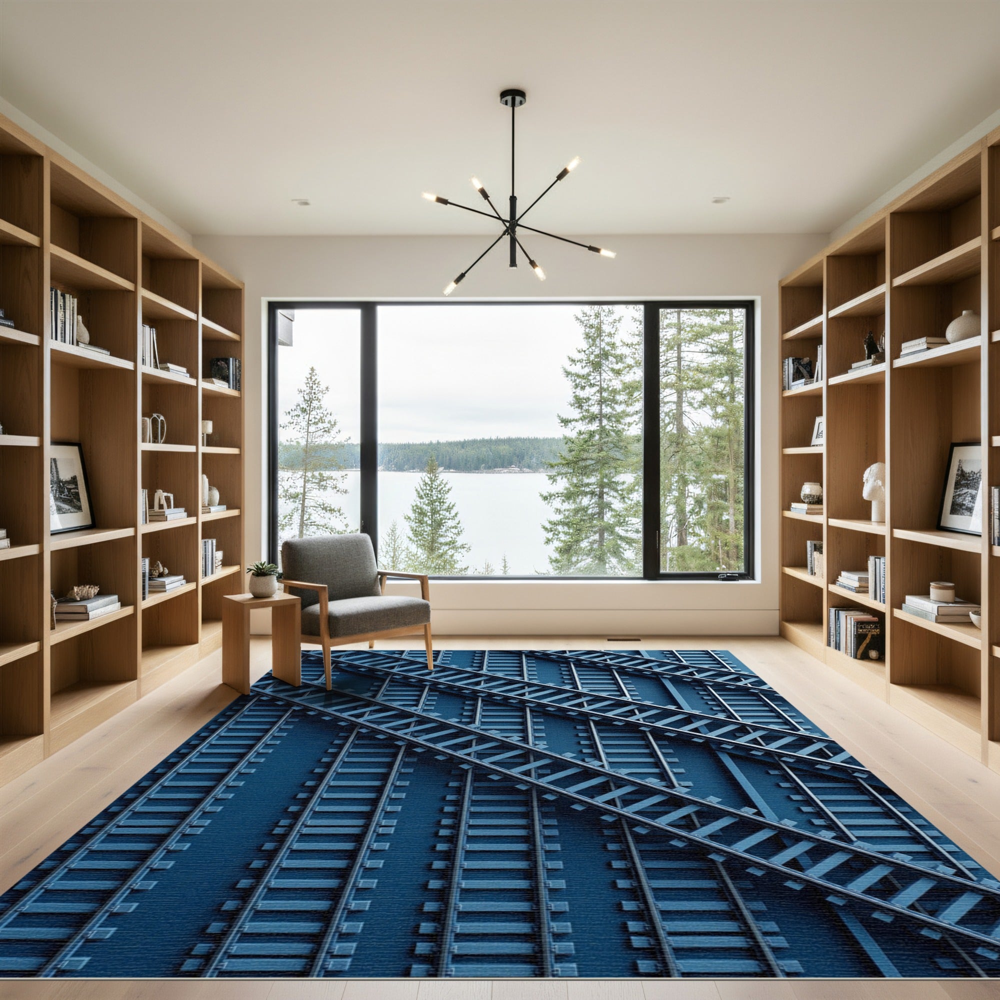 Modern Navy Industrial Railway Crossings Rug