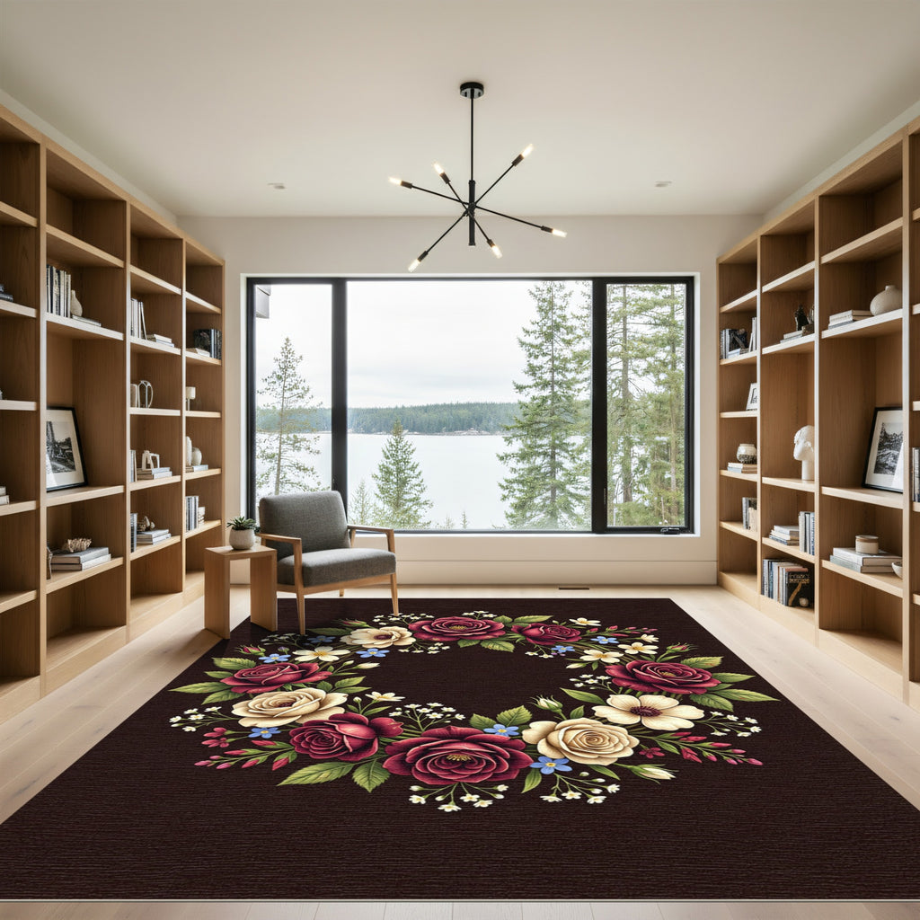 Deep Crimson Rose Floral Wreath Rug