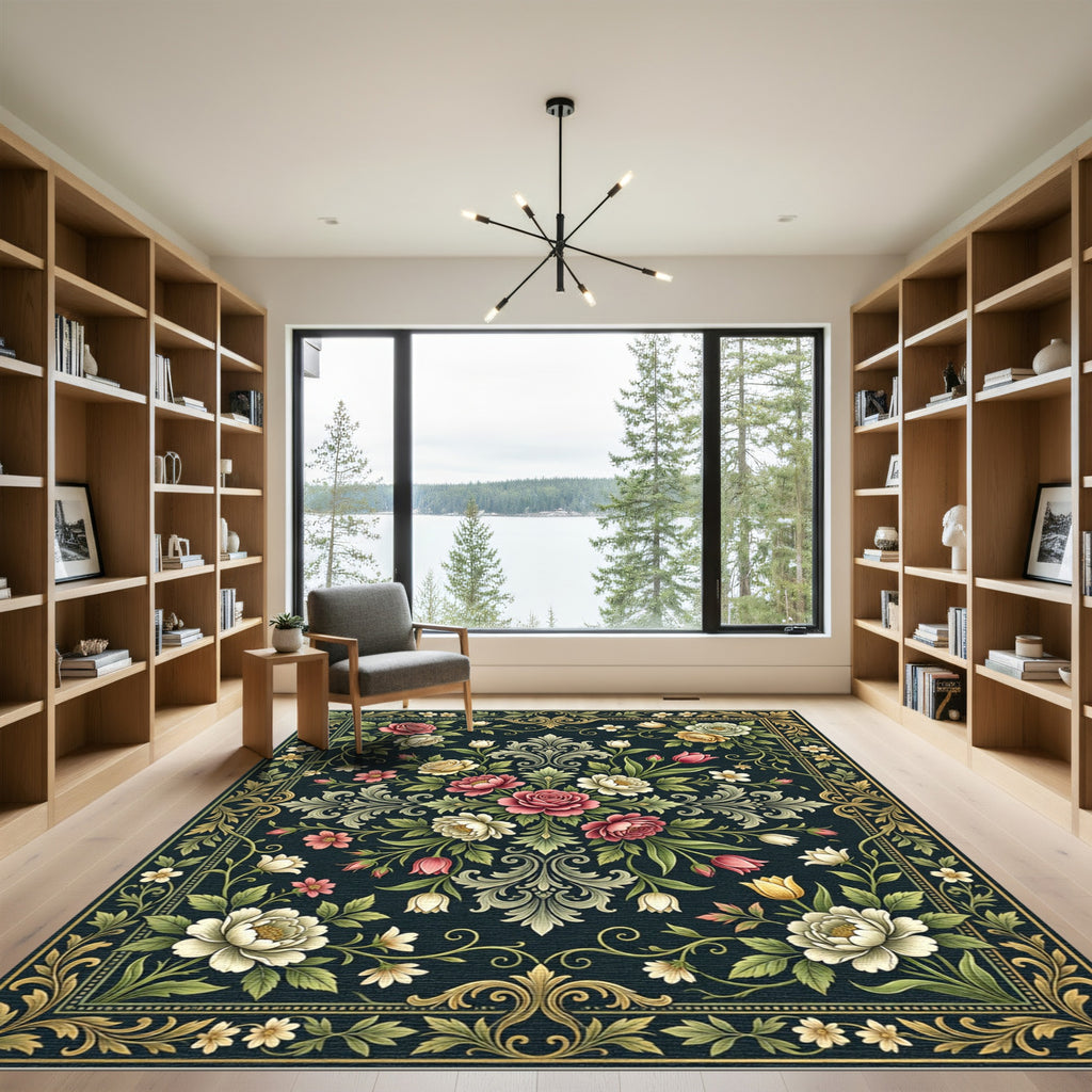 Dark Floral Bouquet Victorian Medallion Rug