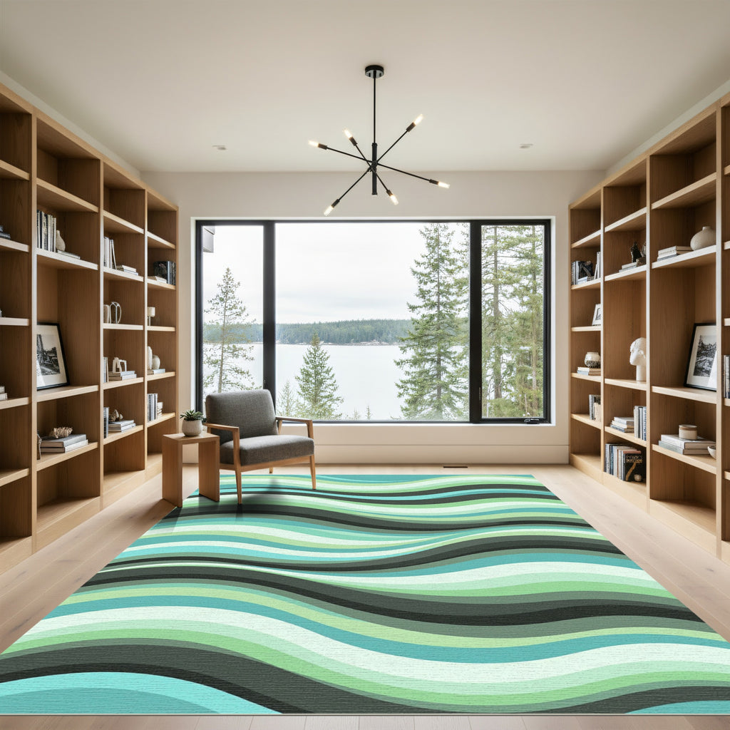 Cool Aqua Green Swirl Waves Rug