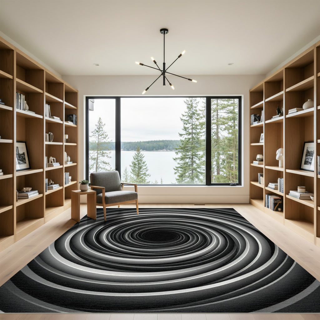 Modern Monochrome Infinite Vortex Swirl Rug