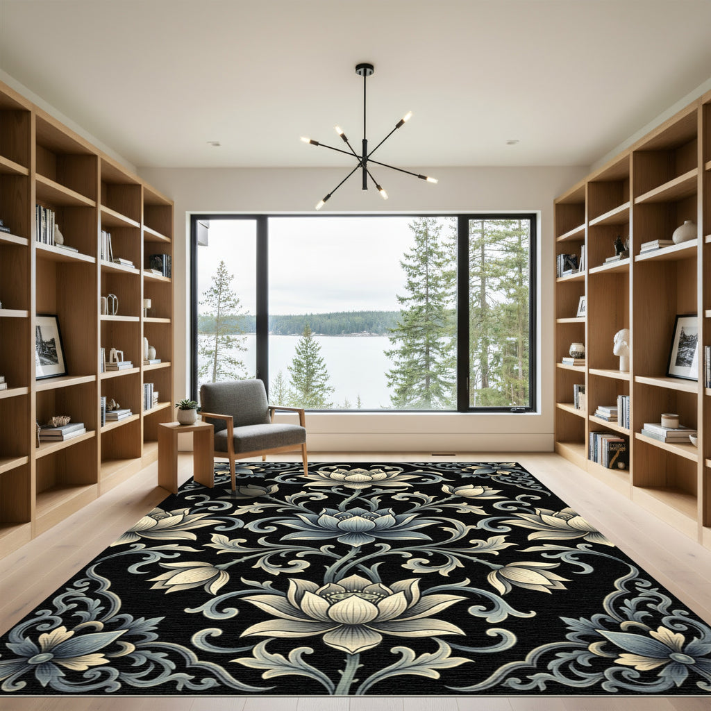 Elegant Monochrome Lotus Floral Scroll Rug