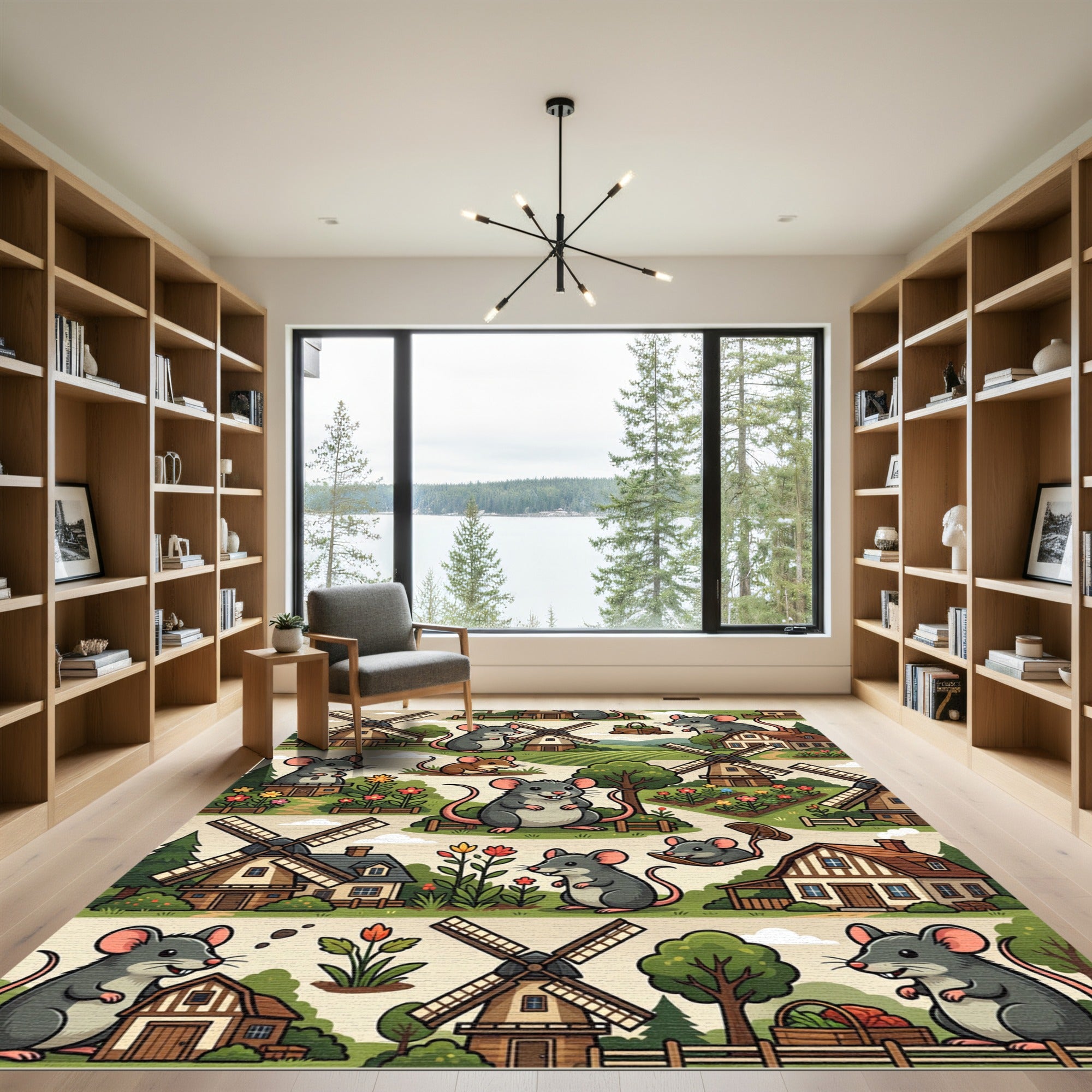 Whimsical Farmhouse Mouse and Windmill Illustration Rug