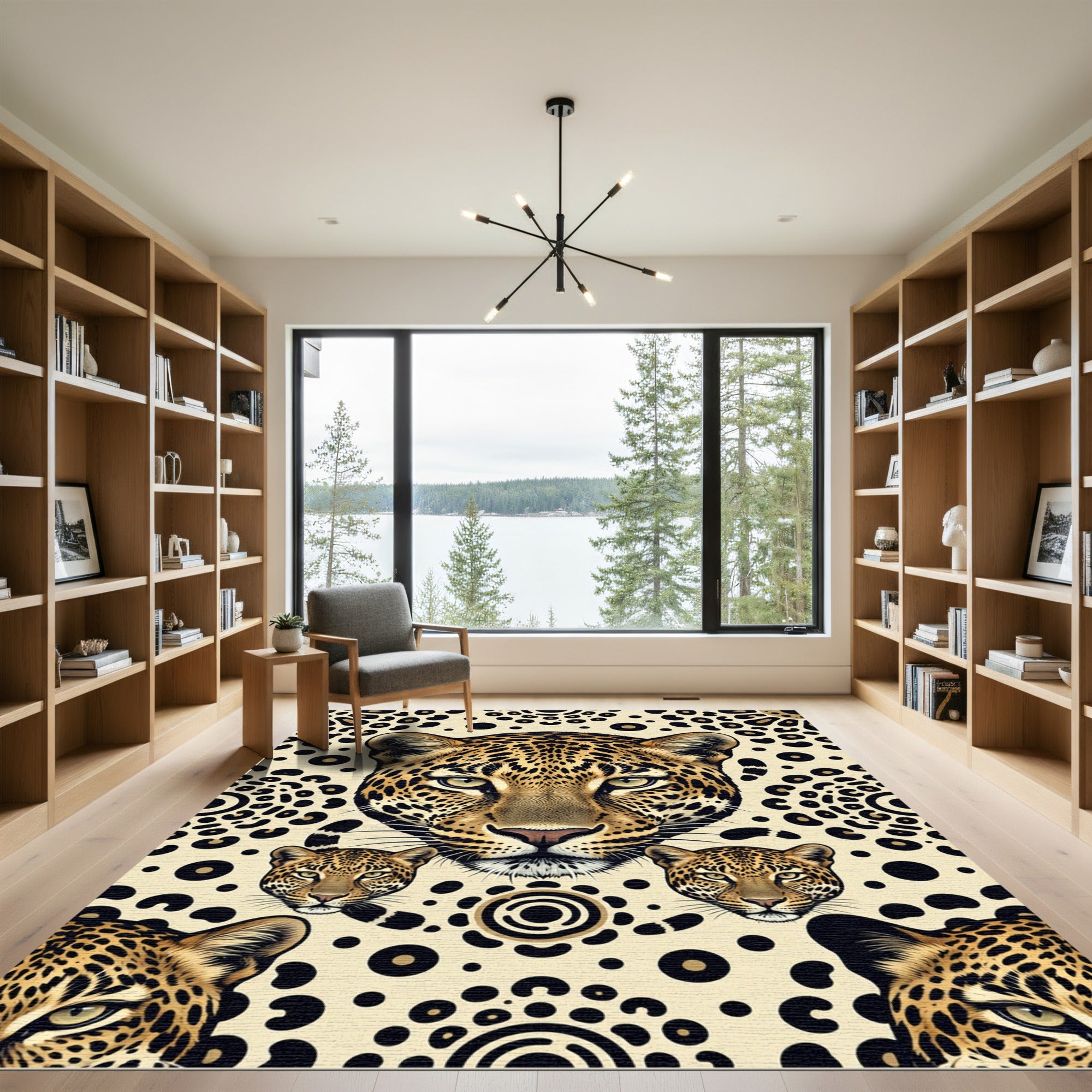 Bold Leopard Faces Cream Background Rug