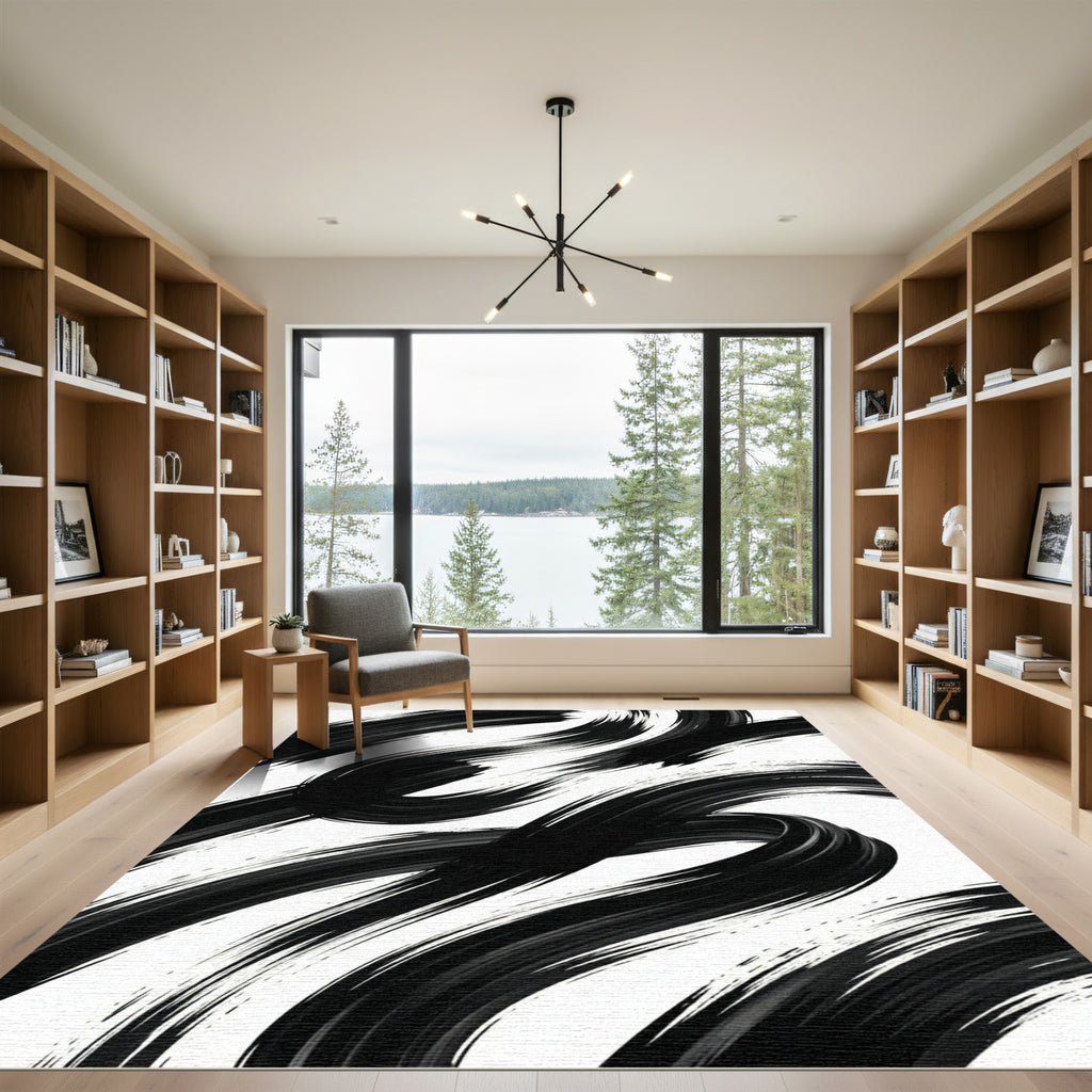 Bold Black Brushstroke Swirl Rug
