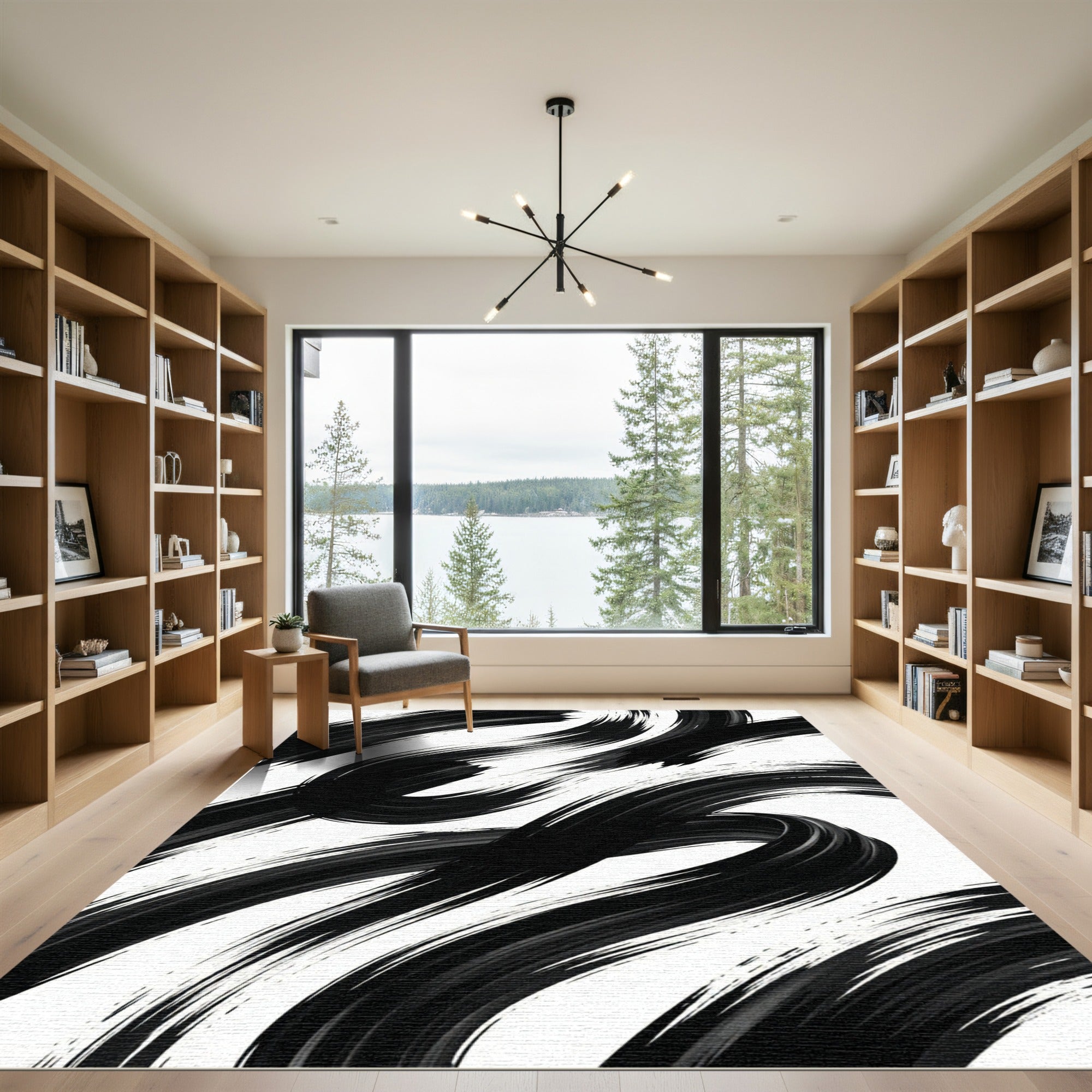 Bold Black Brushstroke Swirl Rug