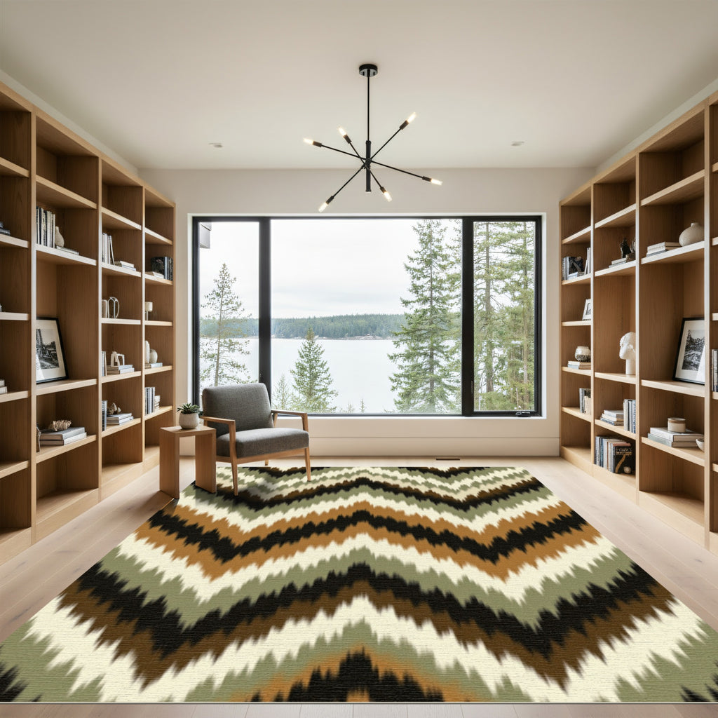 Earthy Chevron Zigzag Olive Brown Rug