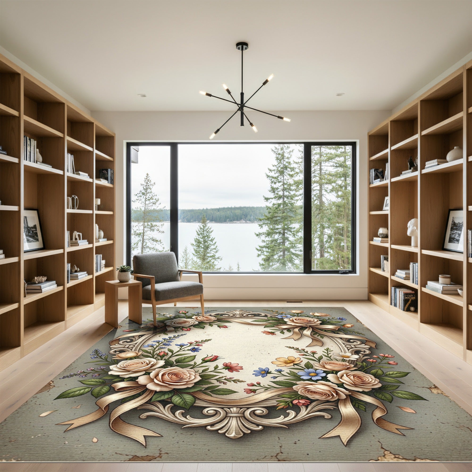 Elegant Beige Rose Ribbon Frame Rug
