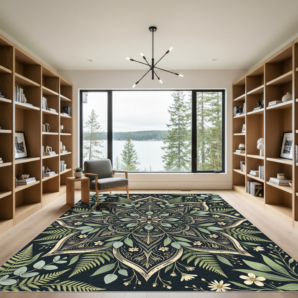 Botanical Green Fern and Wildflower Mandala Rug