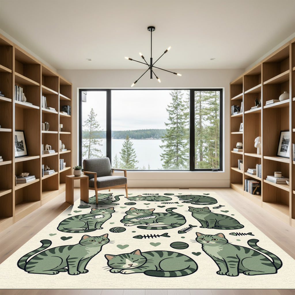 Whimsical Olive Green Tabby Cat Illustration Rug