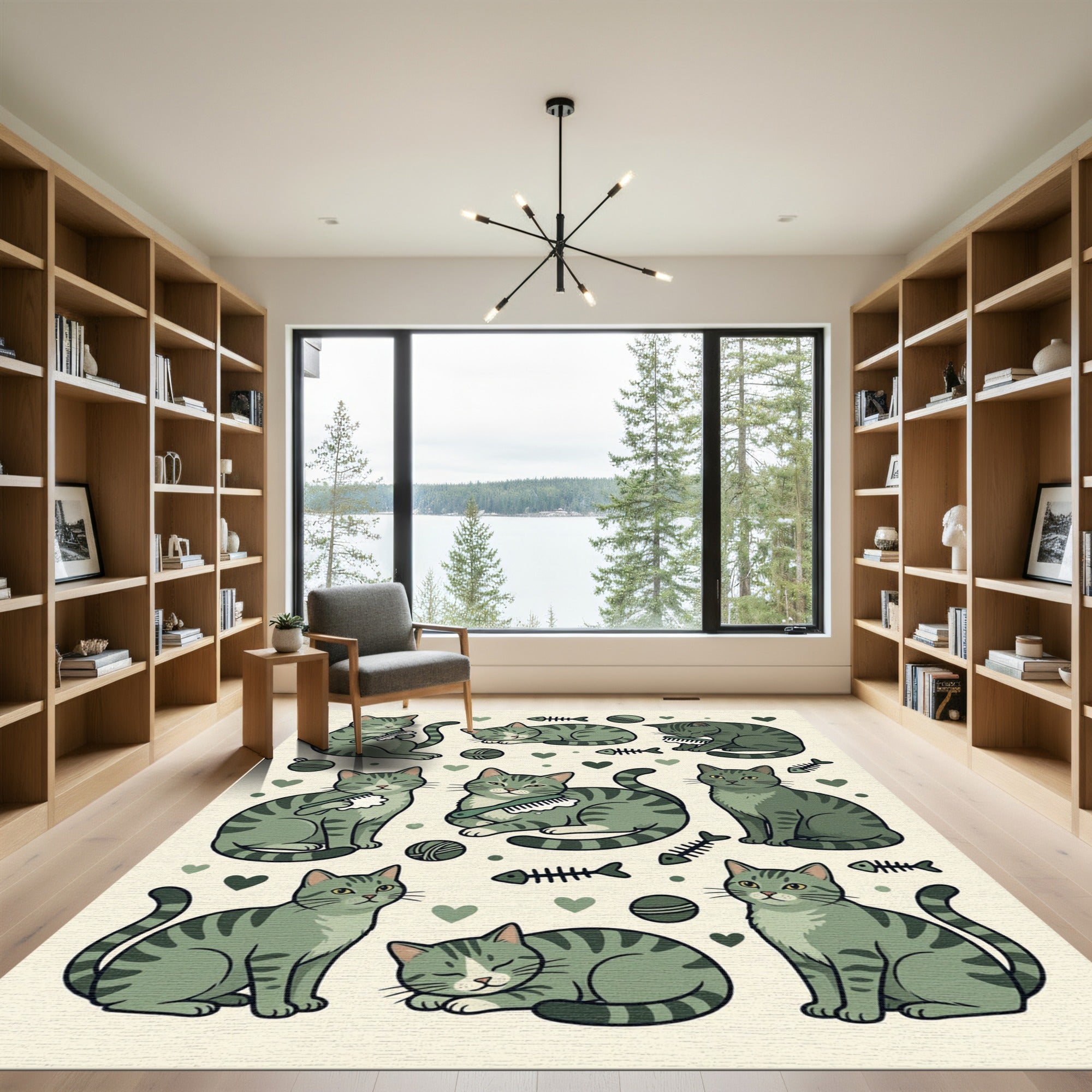Whimsical Olive Green Tabby Cat Illustration Rug