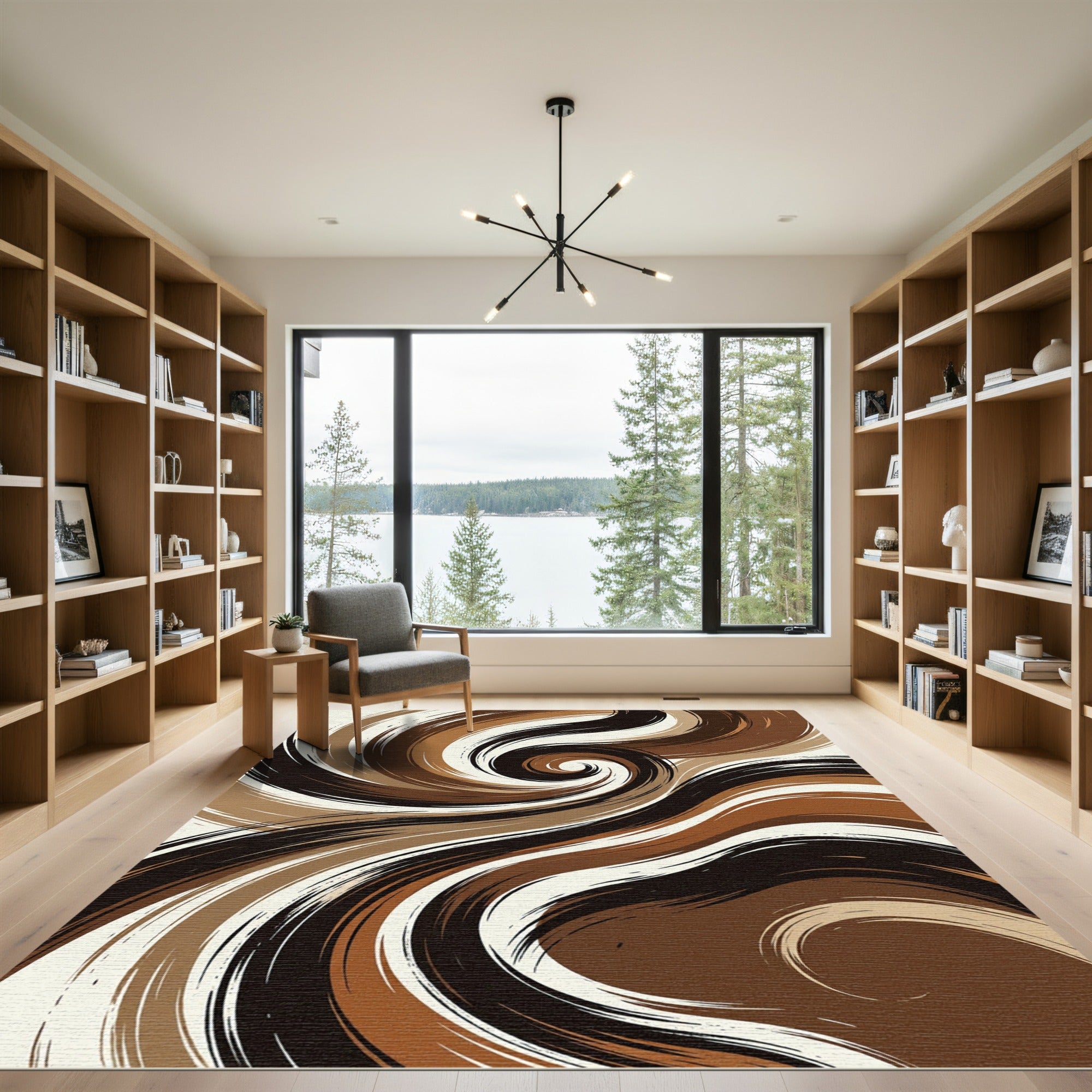 Brown Cream Swirl Abstract Brushstroke Rug