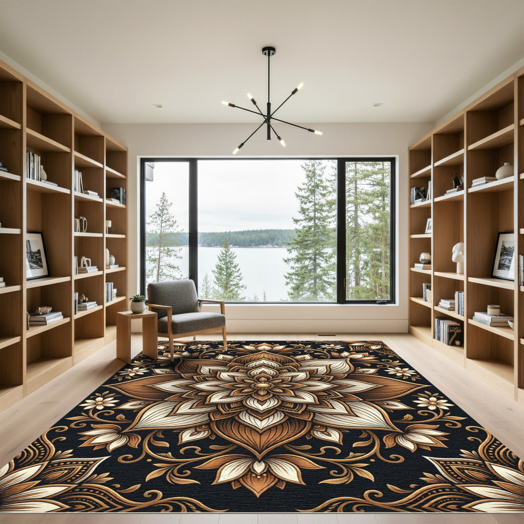 Brown Gold Floral Mandala Statement Rug