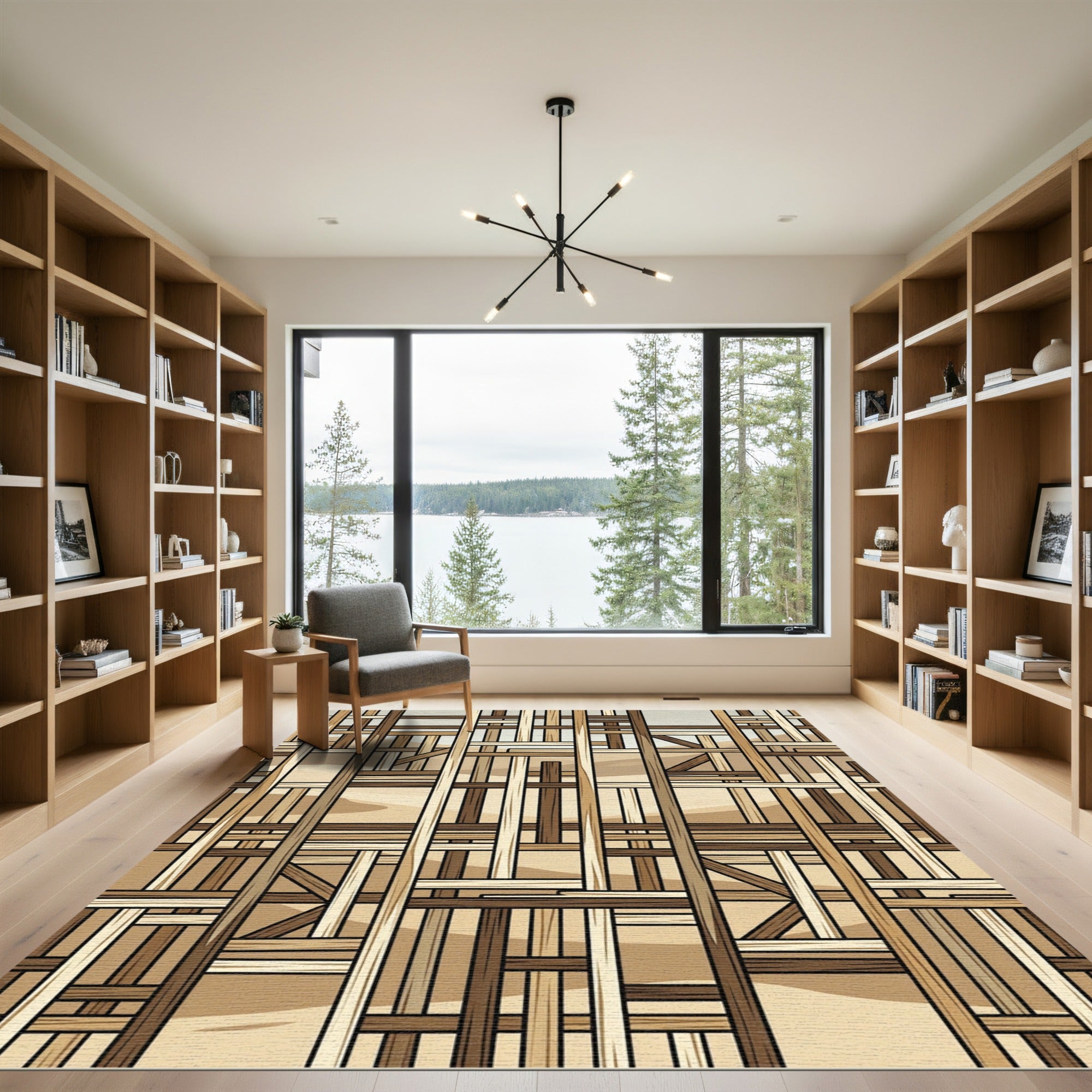 Modern Woven Wood Lattice Earthy Tones Rug