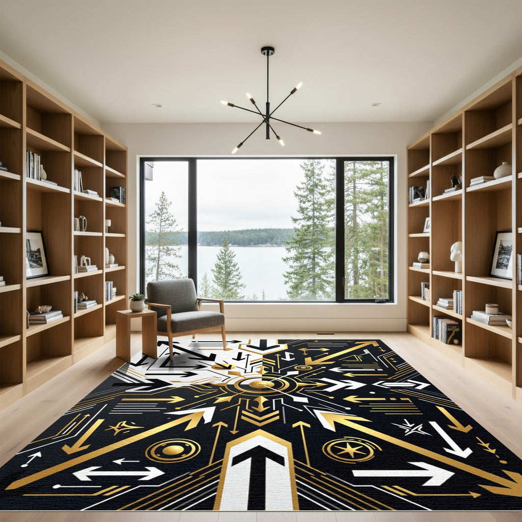 Monochrome Gold Abstract Geometric Arrow Composition Rug
