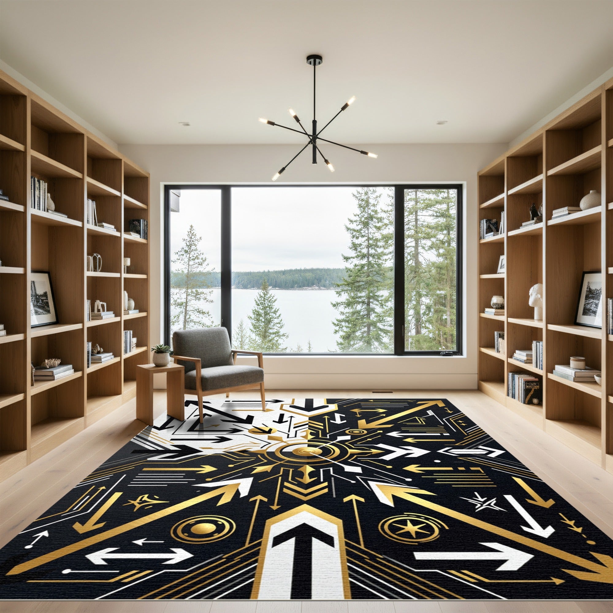 Monochrome Gold Abstract Geometric Arrow Composition Rug