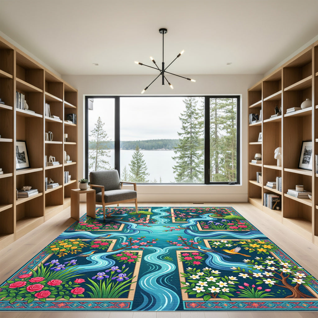 Serene Blue River Blossom Bird Scene Rug