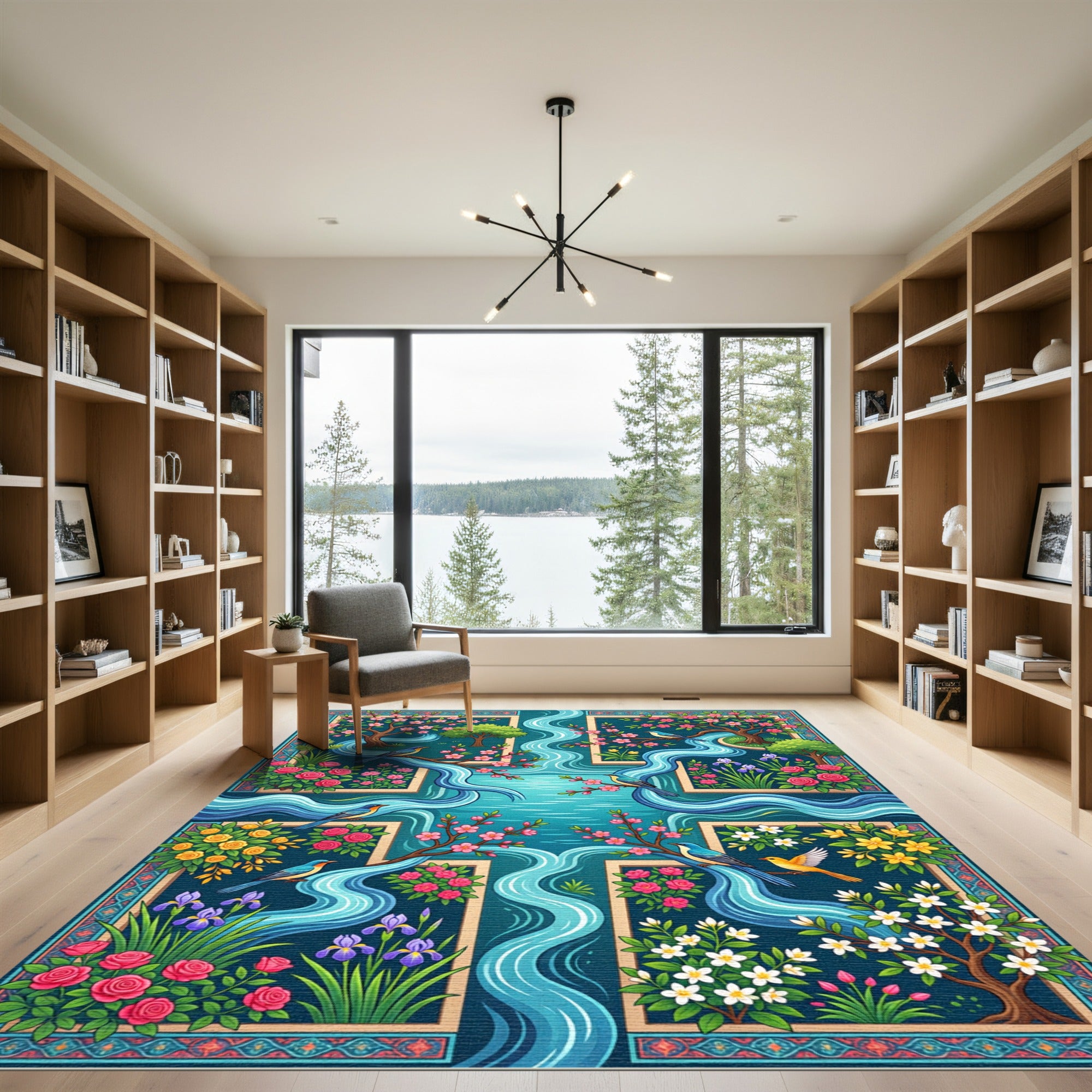 Serene Blue River Blossom Bird Scene Rug