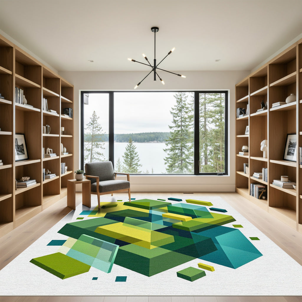 Abstract Geometric Blocks Teal Yellow Green Rug