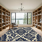 Deep Navy Cream Damask Floral Scroll Rug